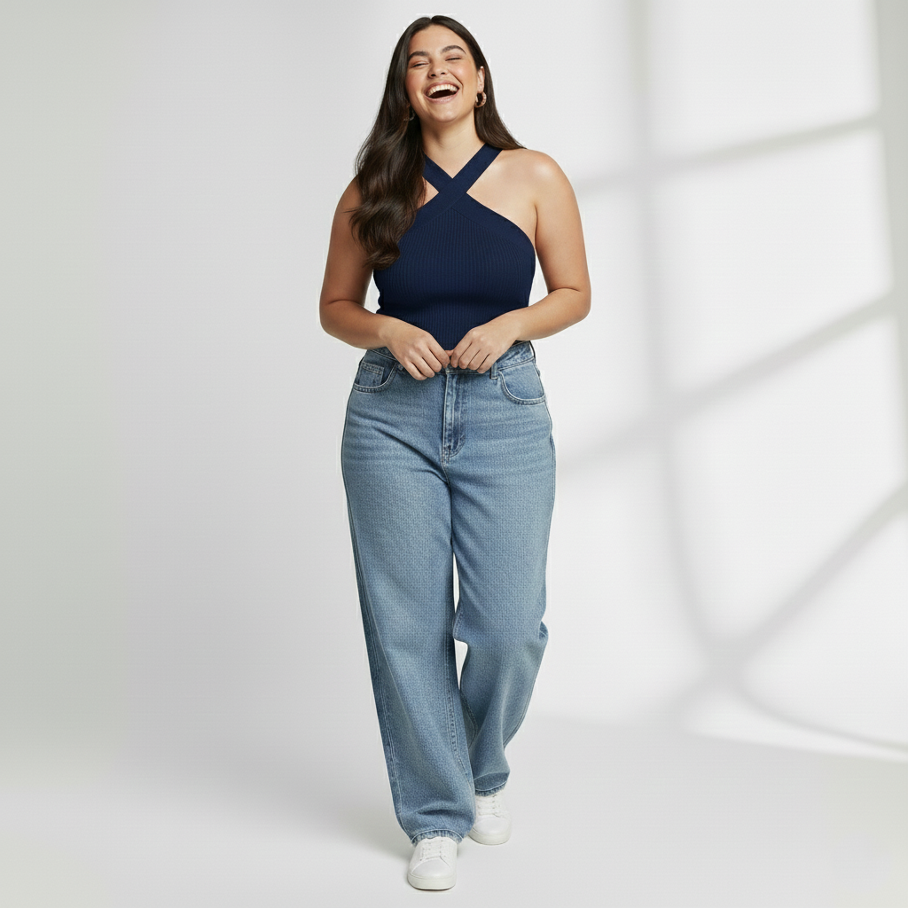 Premium Plus-Size Cross Halter Ribbed Top – Navy Blue