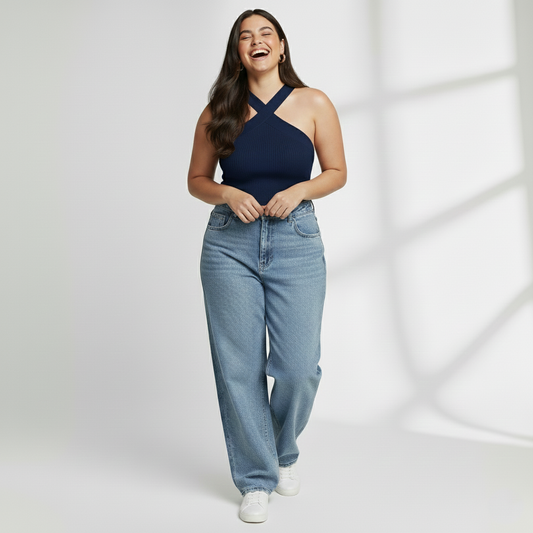 Premium Plus-Size Cross Halter Ribbed Top – Navy Blue