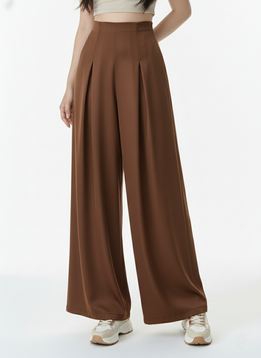 Panda Bee Premium Plus Size High-Waist Pleated Wide-Leg Office Pants with Side Zip (Coffee Brown)