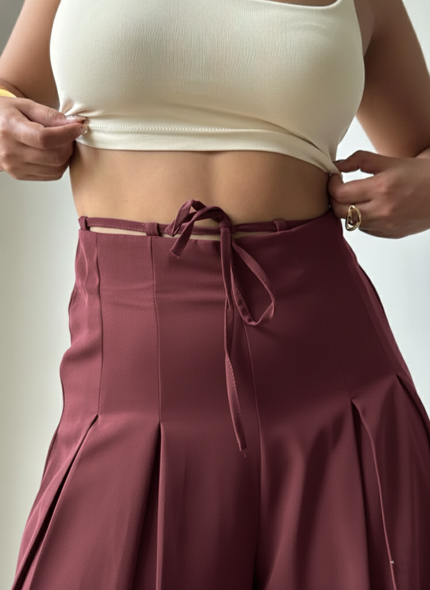 Panda Bee Premium Plus Size Cinched Drawstring Wide-Leg Pants (Wine colour)