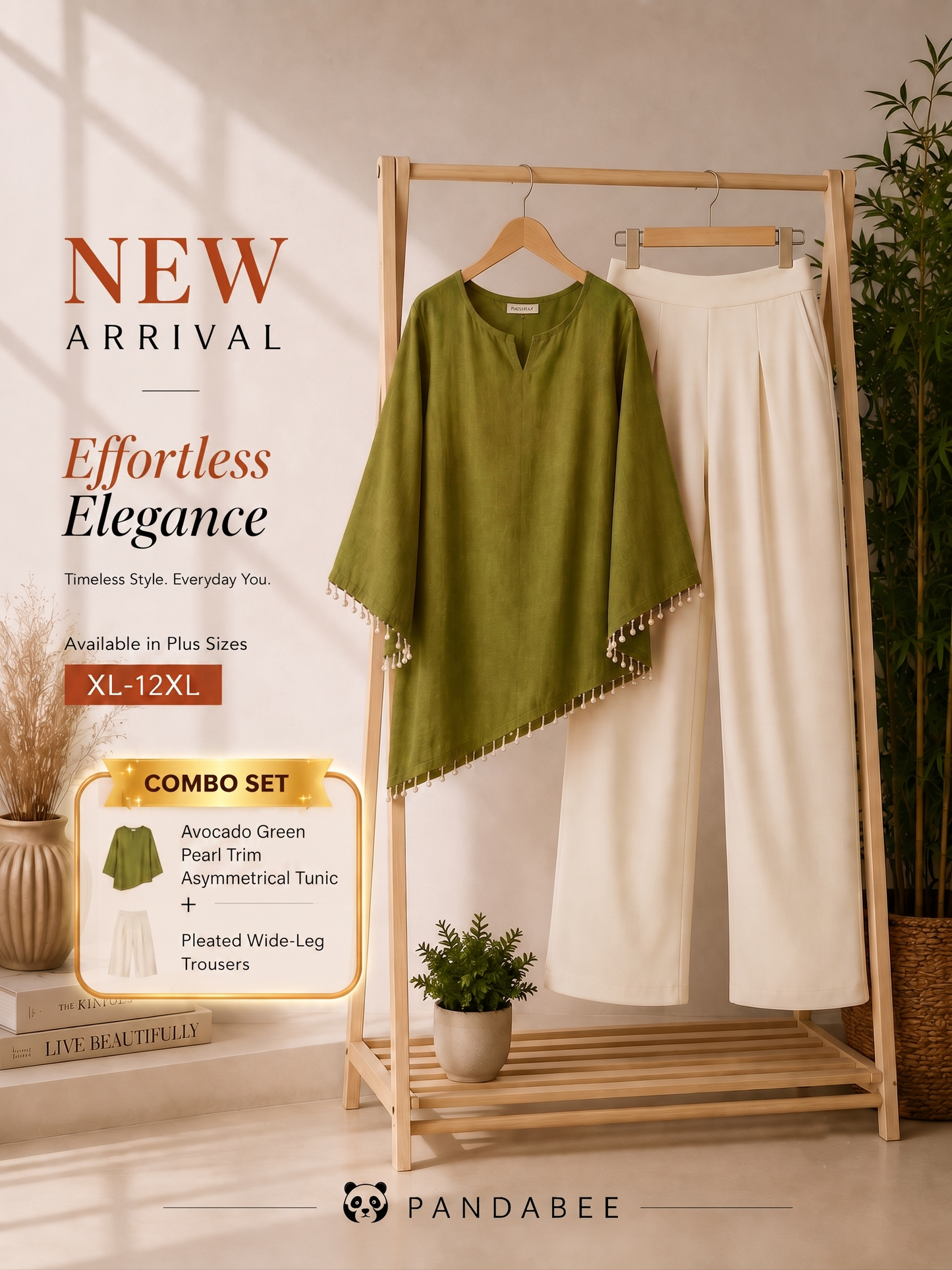 Save@300 combo (Kurti + Pants)PandaBee Premium Plus Size Designer Kurti & SIDE ZIP High-Waist Wide-Leg Pant Combo| Curvy Fit | Sizes 2XL–12XL | Avocado green -- mehfil green Kurti + Cream Pant