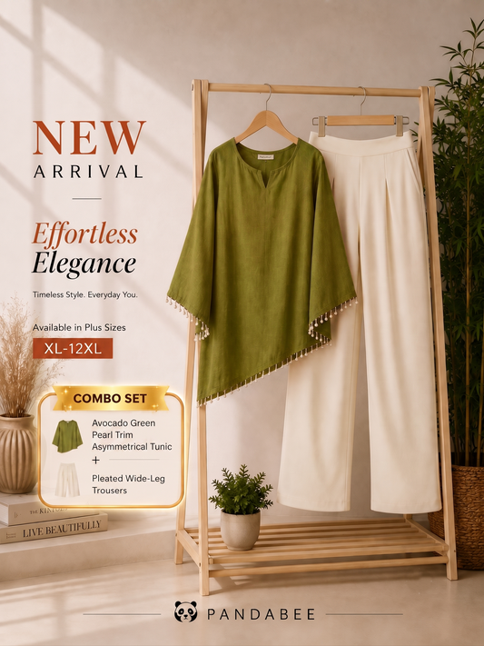 Save@300 combo (Kurti + Pants)PandaBee Premium Plus Size Designer Kurti & SIDE ZIP High-Waist Wide-Leg Pant Combo | Avocado green -- mehfil green Kurti + Cream Pant