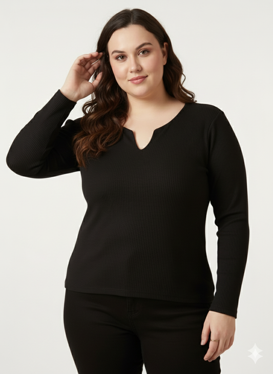 Panda Bee premium  Neck V-cut Ribbed Long Sleeve Top (Black)