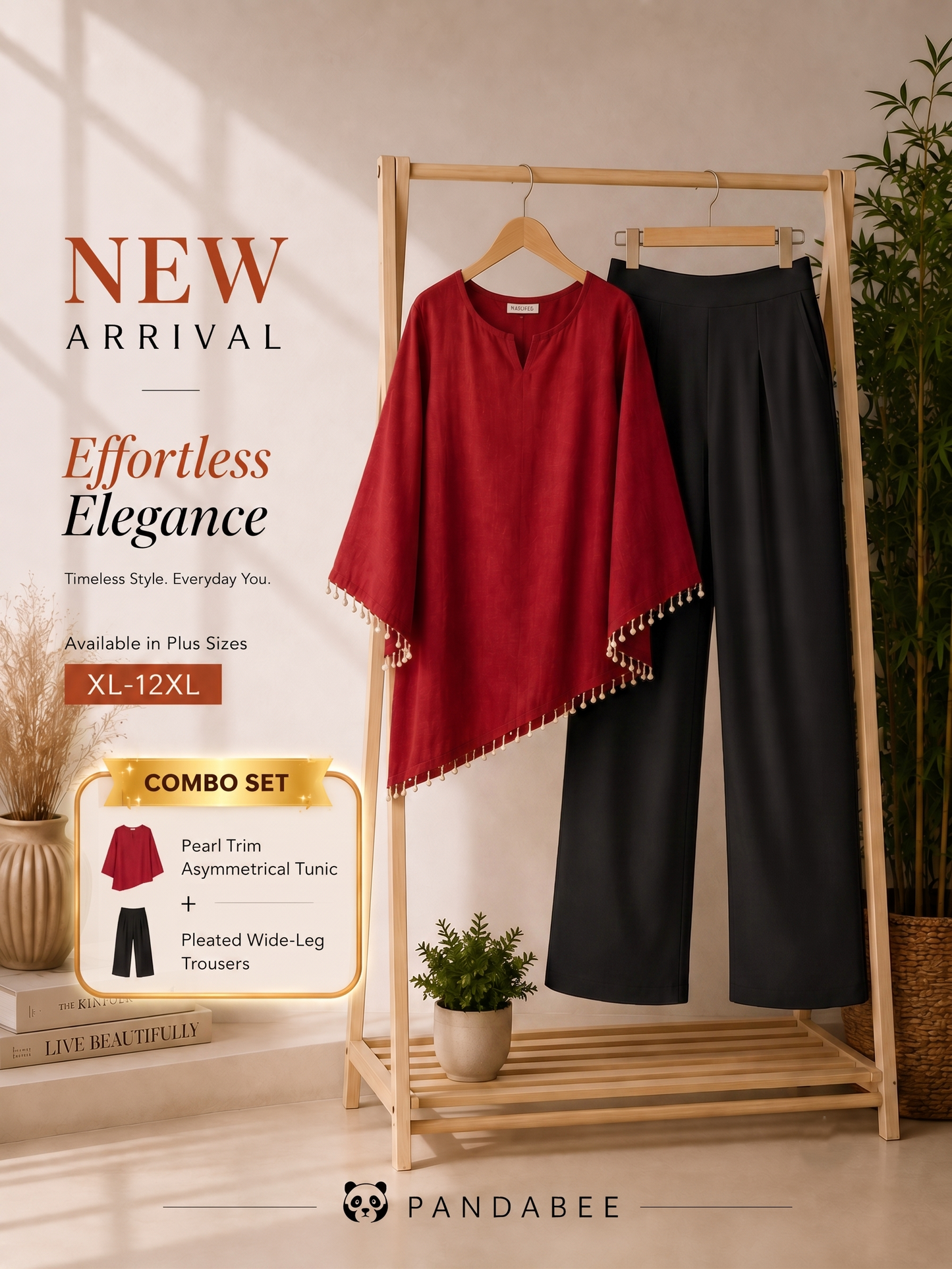 Save@300 (Kurti + Pants) PandaBee Premium Plus Size Designer Kurti & SIDE ZIP High-Waist Wide-Leg Office Pant Combo | Pearl Tassel Bell Sleeve Kurti with Back Lace Detail | Curvy Fit | Sizes 2XL–12XL | Maroon -- Raktima Kurti + Black Pants