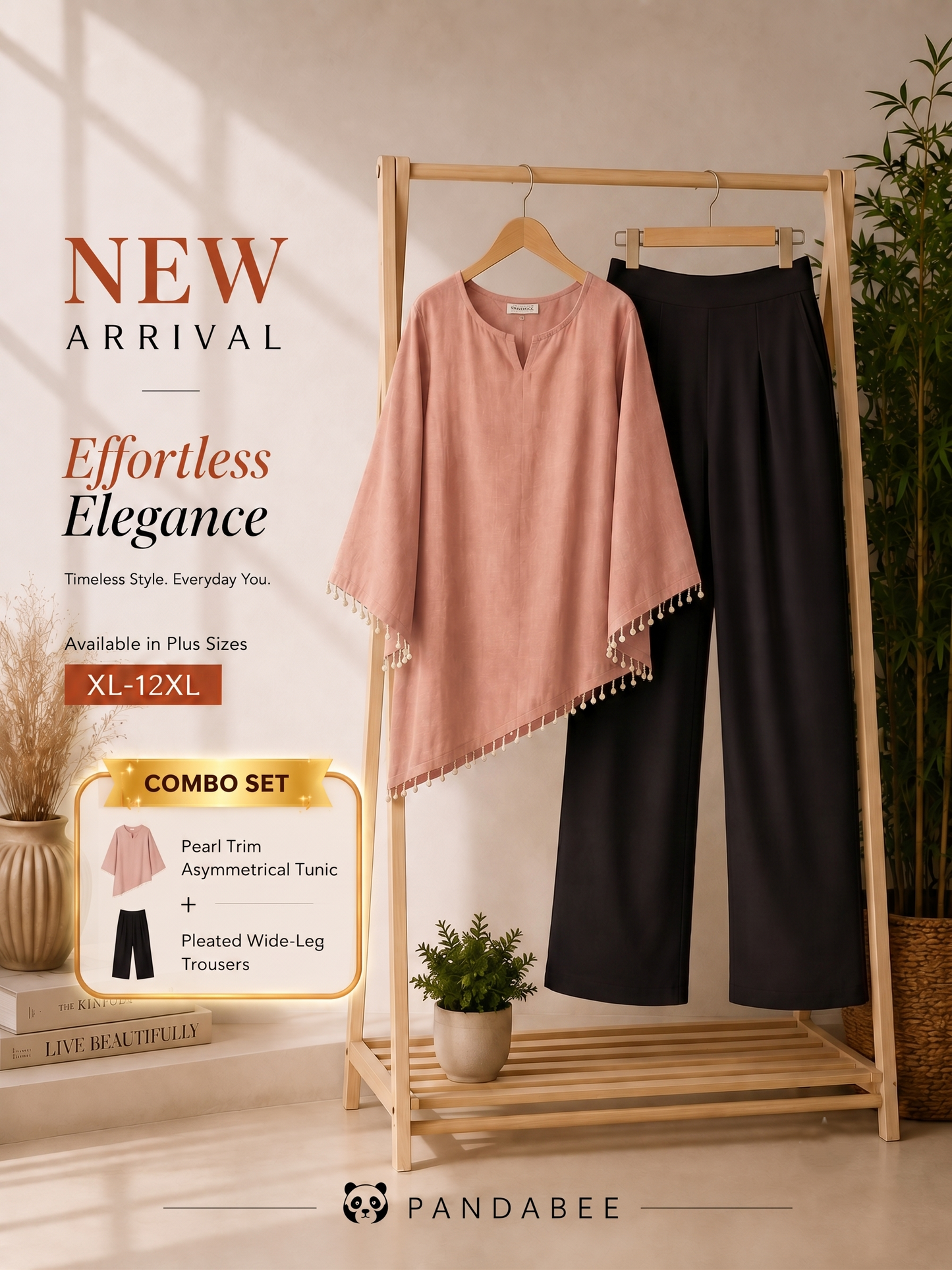 Save@300 combo (Kurti + Pants) PandaBee Premium Plus Size Designer Kurti & SIDE ZIP High-Waist Wide-Leg Office Pant Combo | Pearl Tassel Bell Sleeve Kurti with Lace Detail | Curvy Fit | Sizes 2XL–12XL | Nude pink -- Blush Kurti + Black pant