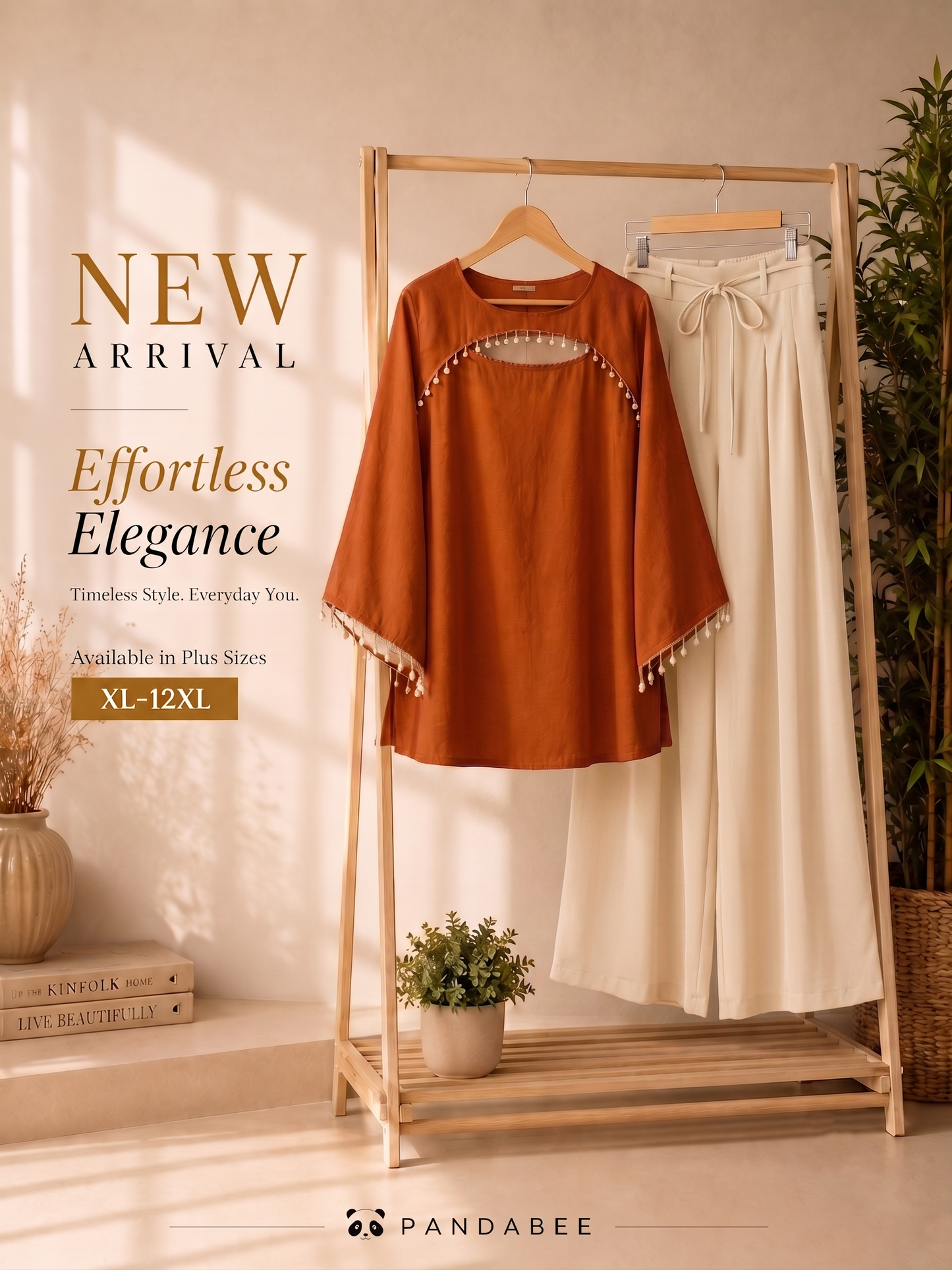 Save@300 comb Panda Bee Premium Plus Size Kurti & Wide-Leg Pants Co-Ord Set for Women | Pearl Work Ethnic Kurta with Cinched Drawstring Palazzo Pants | Plus Size 2XL-12XL | Premium Office, Casual (Rust orange -- kesariya kurti + Cream colour pant)