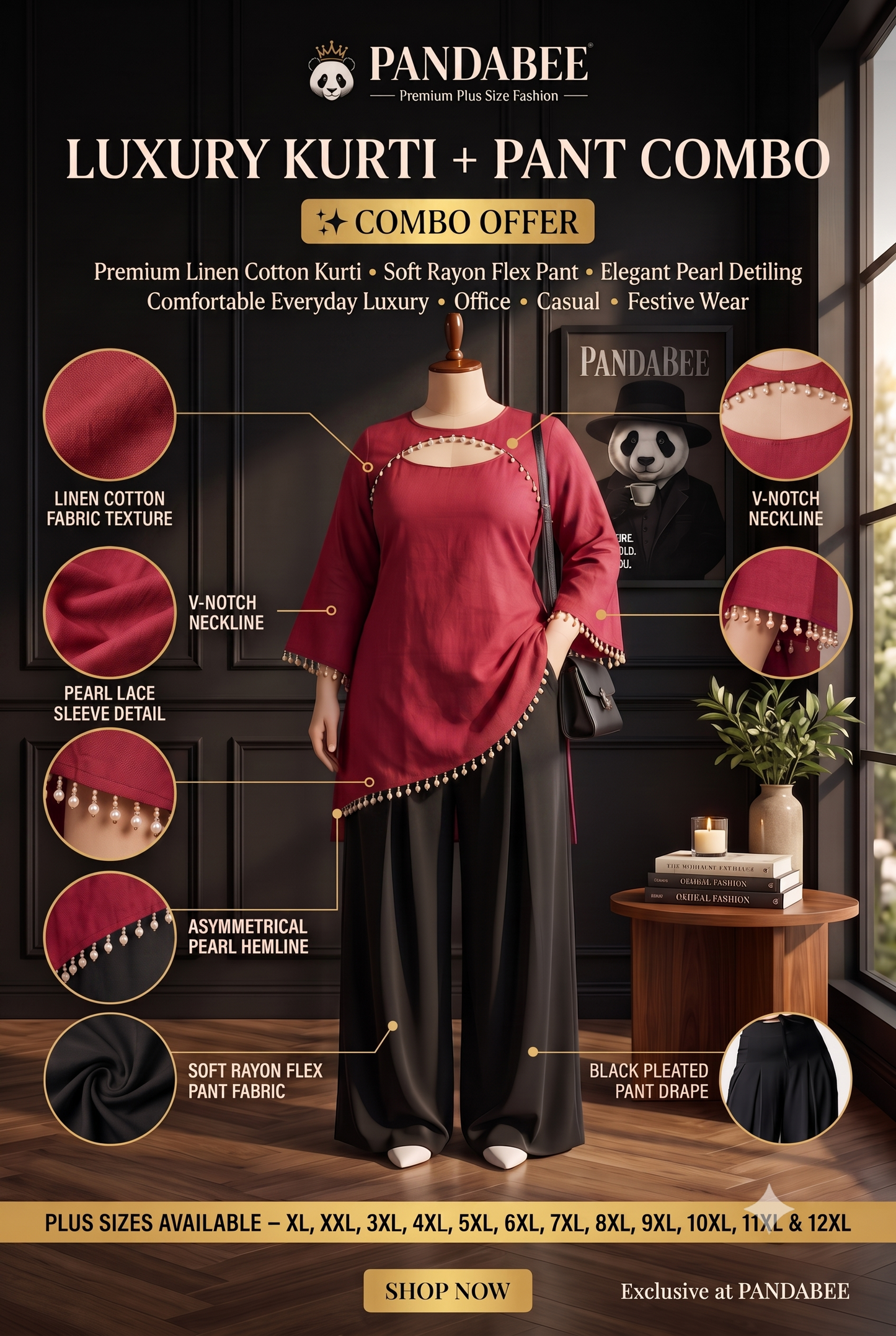 Save@300 comb Panda Bee Premium Plus Size Kurti & Wide-Leg Pants Co-Ord Set for Women | Pearl Work Ethnic Kurta with Cinched Drawstring Palazzo Pants | Plus Size 2XL-12XL | Premium Office, Casual ( Red -- gulnaar + Black colour pant)