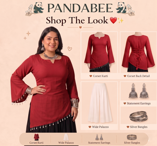 Premium Plus Size Pink Designer Kurti for Women | Pearl Tassel Bell Sleeve Kurti | Back Lace Detail Tunic Top | Stylish Party Wear Kurti for Curvy Women | 2XL-8XL | PandaBee (Red -- gulnaar)