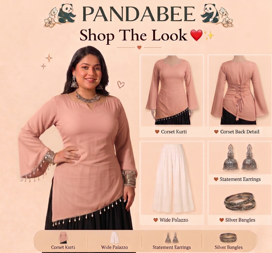 Premium Plus Size Pink Designer Kurti for Women | Pearl Tassel Bell Sleeve Kurti | Back Lace Detail Tunic Top | Stylish Party Wear Kurti for Curvy Women | 2XL-8XL | PandaBee (Nude pink - Blush beauty)