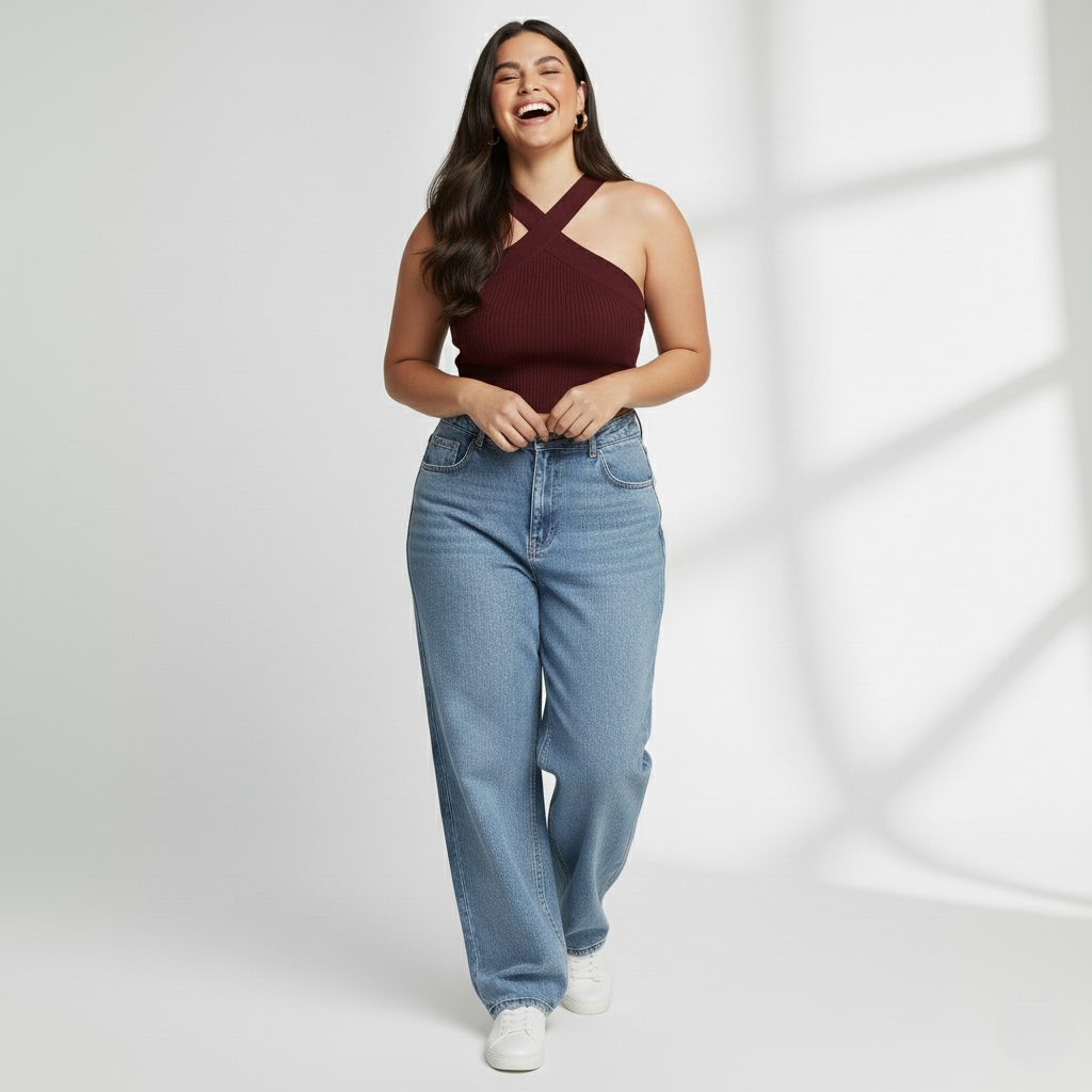 Premium Plus-Size Cross Halter Ribbed Top – Coffee Brown