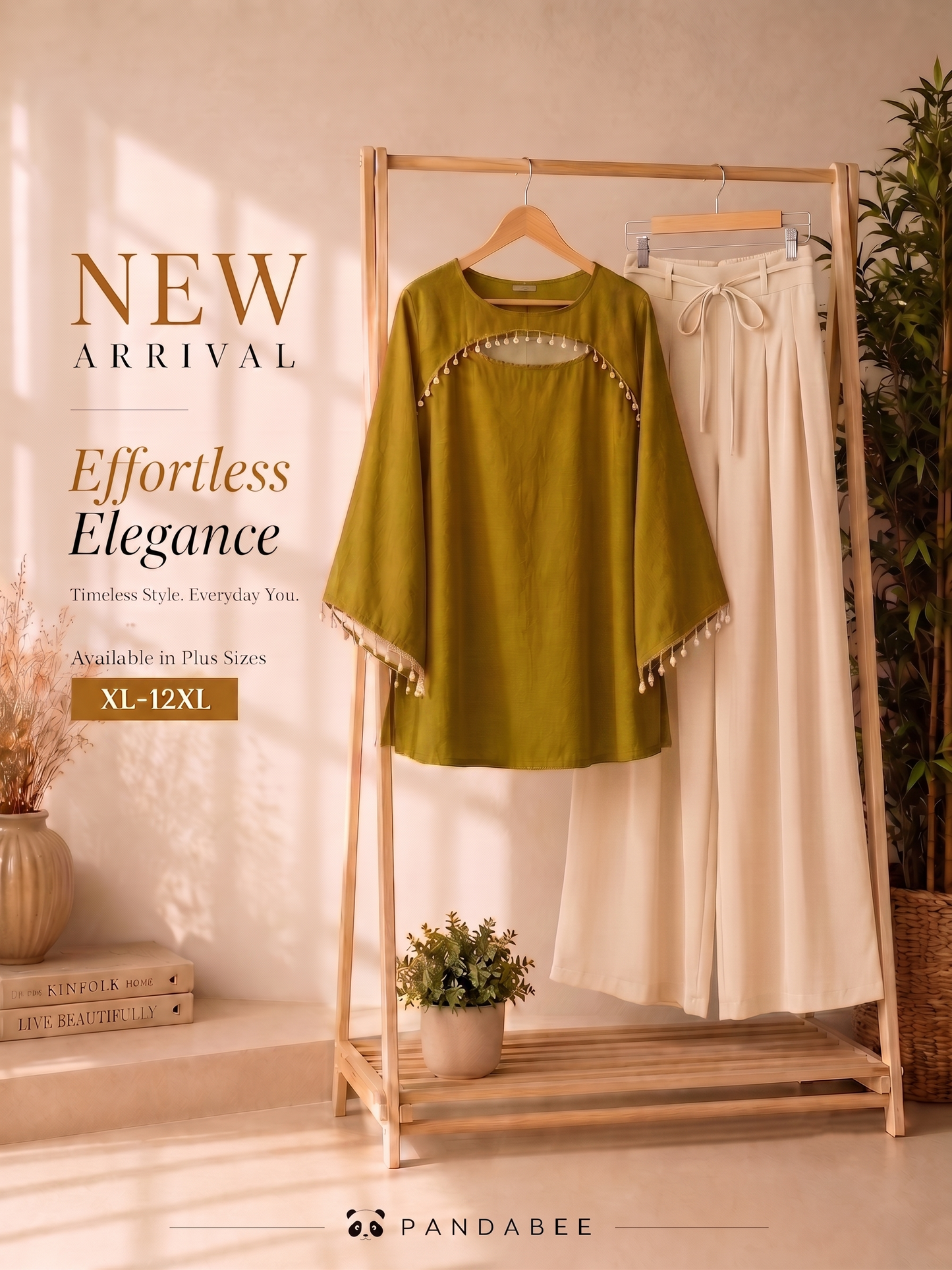 Save@300 comb Panda Bee Premium Plus Size Kurti & Wide-Leg Pants Co-Ord Set for Women | Pearl Work Ethnic Kurta with Cinched Drawstring Palazzo Pants | Plus Size 2XL-12XL | Premium Office, Casual(Avocado green -- mehfil green kurti + Cream colour pant)