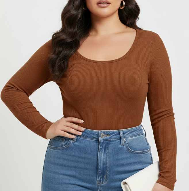 Curve Luxe plus size  Ribbed Scoop-Neck Long Sleeve Top – Brown