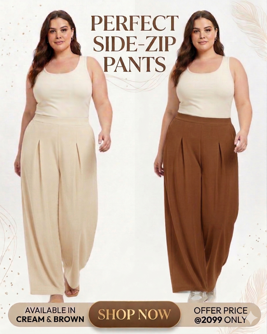 Save @300rs Combo Panda Bee Premium Plus Size High-Waist Pleated Wide-Leg Office Pants with Side Zip (Cream and Brown)