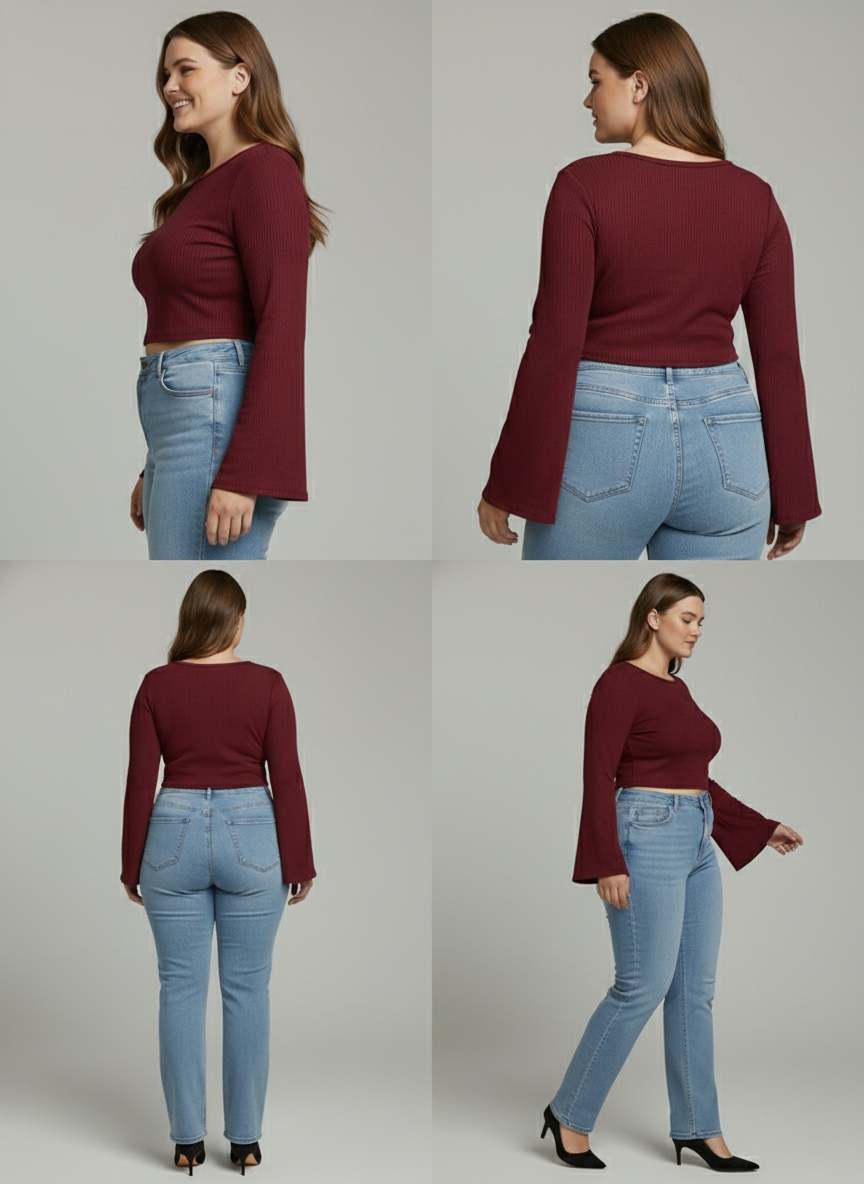 Premium Plus-Size Flared Sleeve Crop Top, Elegant Stretch Comfort Wear – Burgundy
