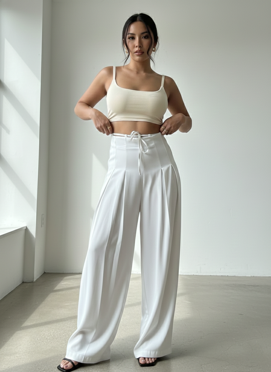 Panda Bee Premium Plus Size Cinched Drawstring Wide-Leg Pants (White)