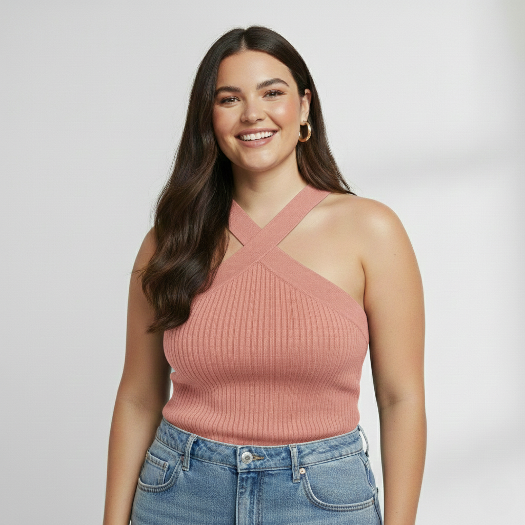 Premium Plus-Size Cross Halter Ribbed Top – Pink