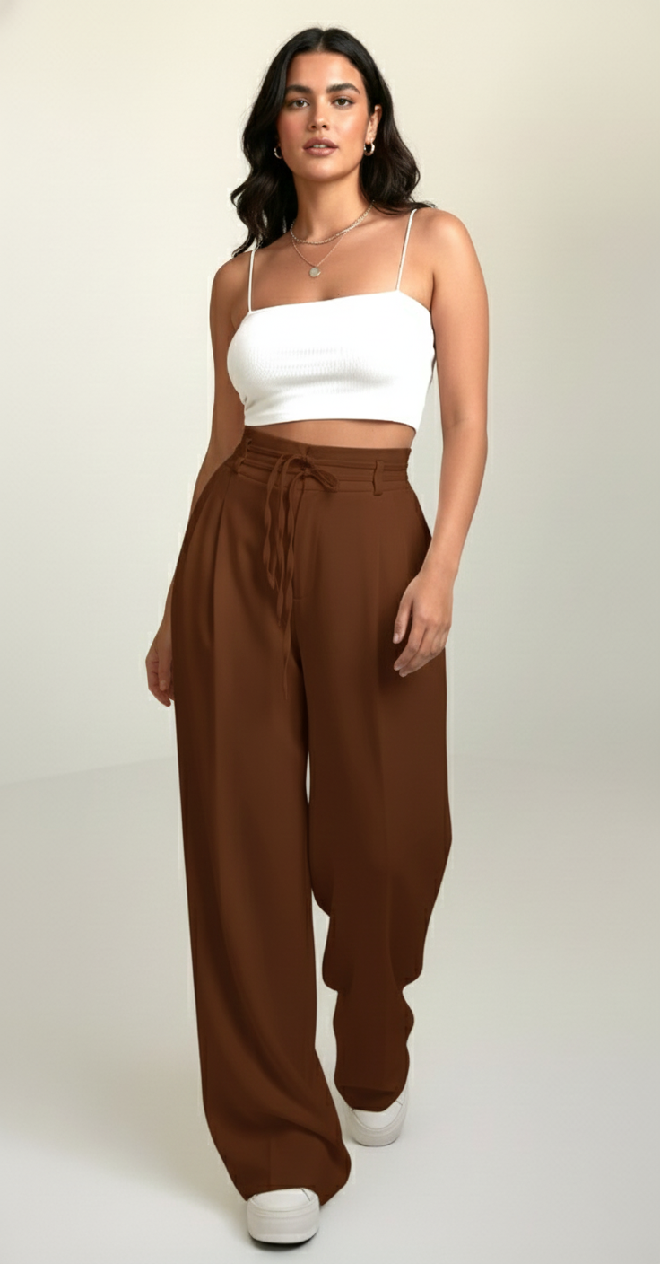 Premium Plus Size High-Waist Wide-Leg Trousers for Women (Coffee brown) | Lace-Up Waist Relaxed Fit Pants | Curvy & Tummy Control Style