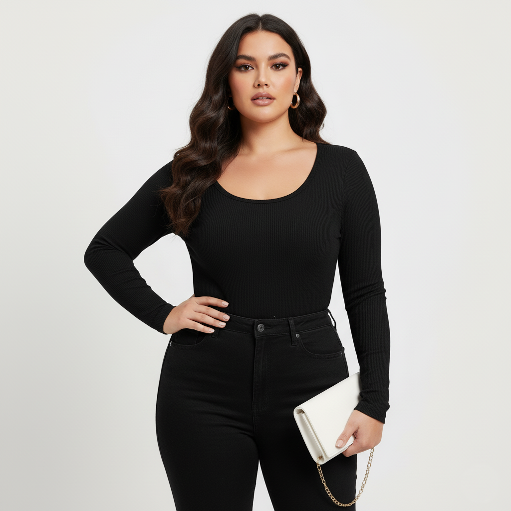 Curve Luxe plus size  Ribbed Scoop-Neck Long Sleeve Top – Black