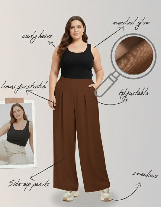Panda Bee Premium Plus Size High-Waist Pleated Wide-Leg Office Pants with Side Zip (Coffee Brown)