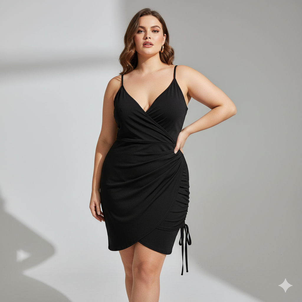 Plus Size Ruched Wrap Bodycon Dress – Premium Stretch Fit Party Wear (Black)