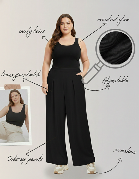 Panda Bee Premium Plus-Size High-Waist Pleated Office Wide-Leg Pants with Side Zip – Black