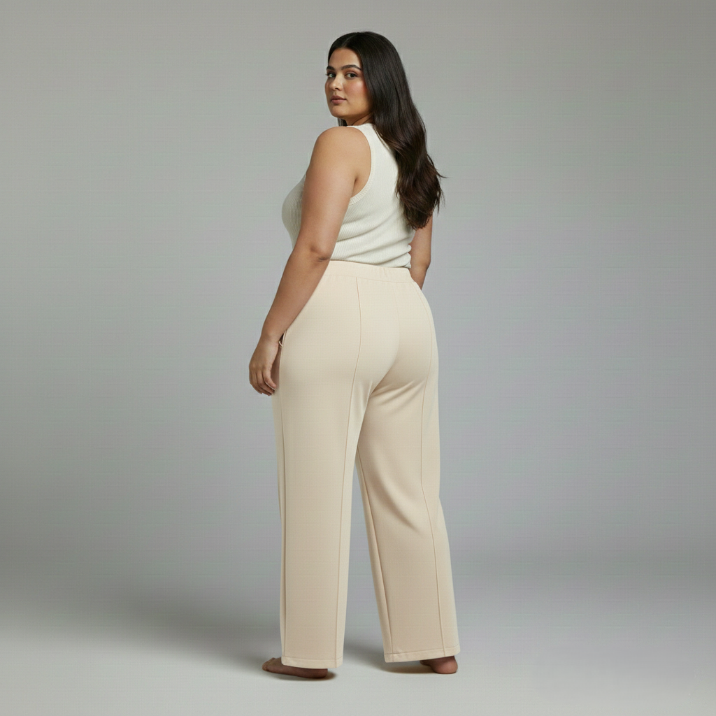 Panda Bee Premium Plus Size office High-Waist Wide-Leg Pants side Zip (Cream)
