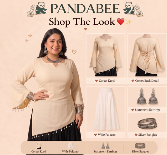 Premium Plus Size Pink Designer Kurti for Women | Pearl Tassel Bell Sleeve Kurti | Back Lace Detail Tunic Top | Stylish Party Wear Kurti for Curvy Women | 2XL-8XL | PandaBee  (Off white -- Ivory charm)