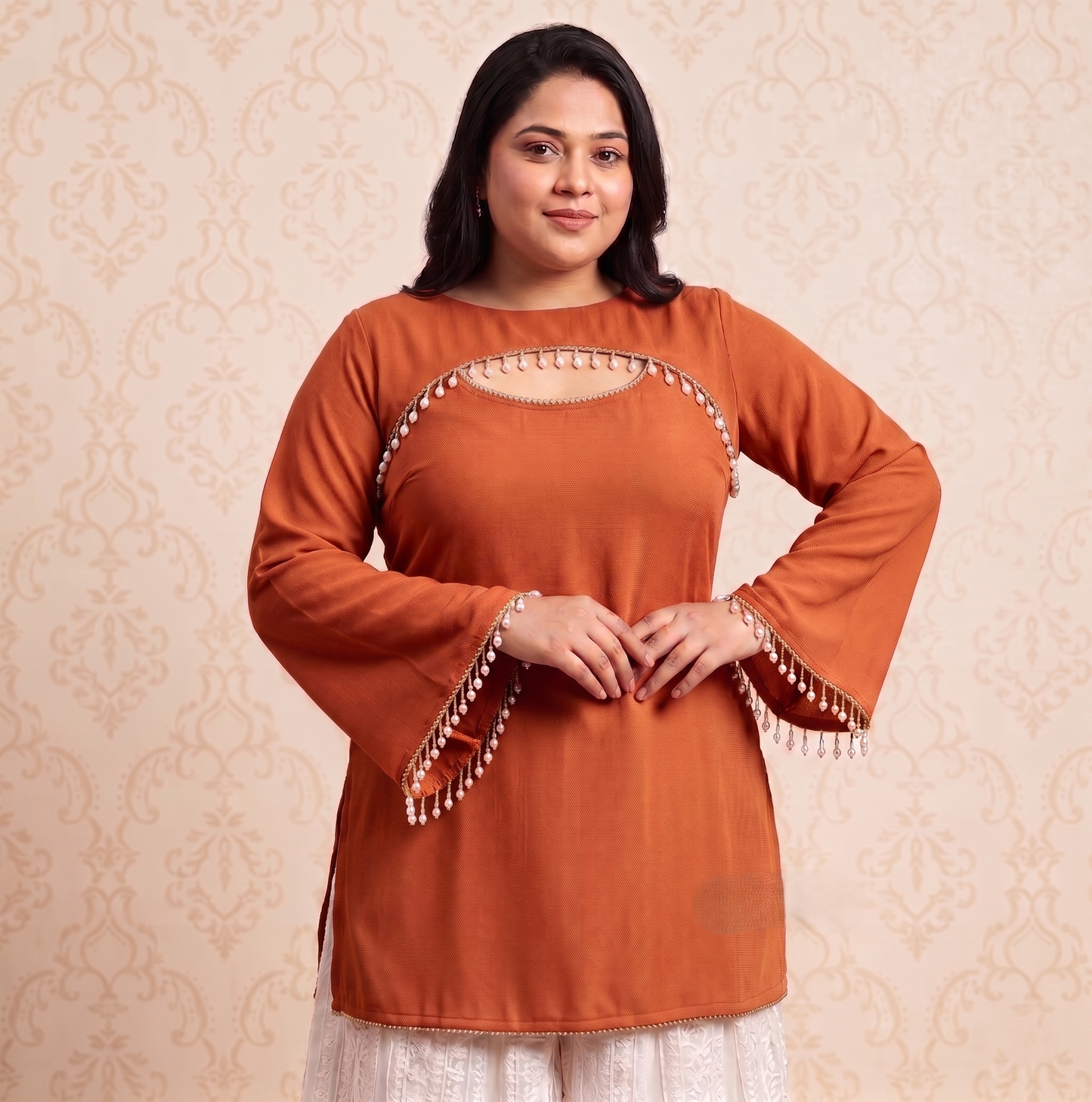 Panda Bee Premium Plus Size 2-in-1 Fashion Kurti for Women | Elegant Pearl Work Kurta Top | Stylish Ethnic Wear 2XL to 8XL (Rust orange -- kesariya)