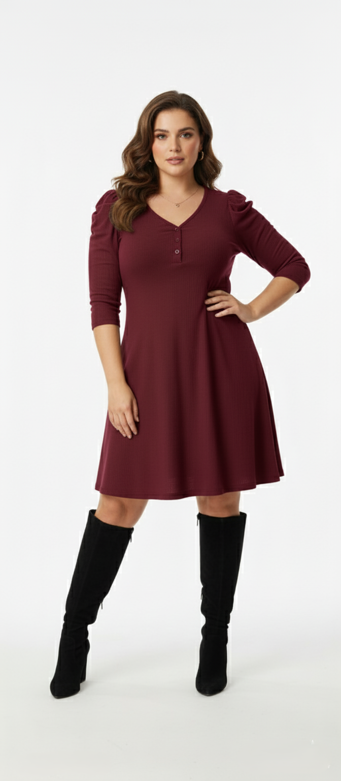 Plus Size Ribbed Full-Sleeve Dress (Burgundy) – Panda bee Premium Collection
