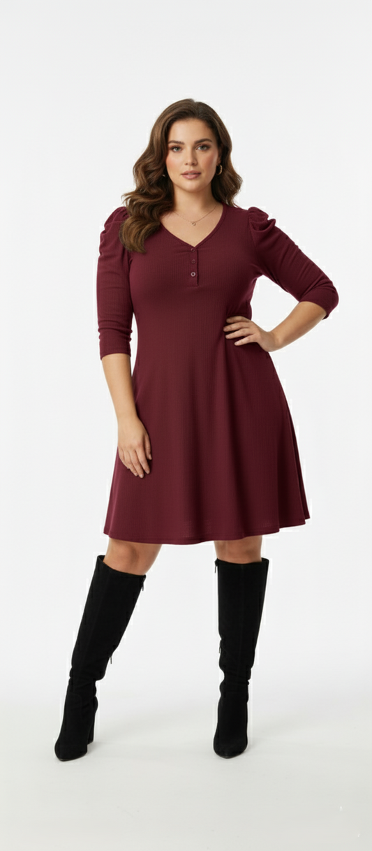 Plus Size Ribbed Full-Sleeve Dress (Burgundy) – Panda bee Premium Collection