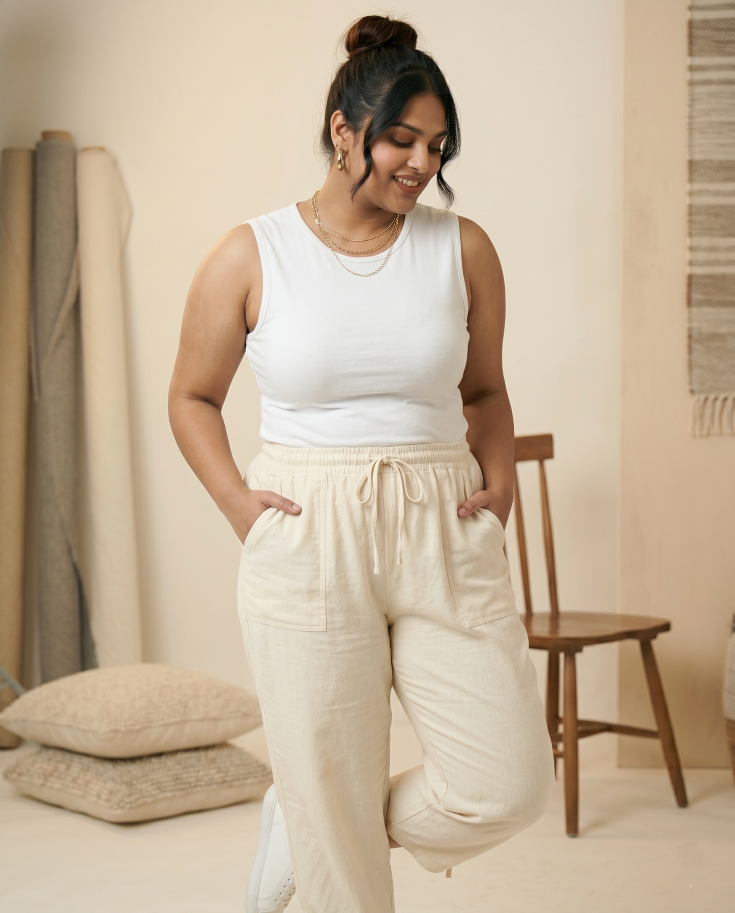 ✨ Pandabee Plus Size Premium 3/4 Pants for Women | Comfortable Elastic Waist Capri Pants with Pockets | Everyday Casual Wear | Sizes L to 12XL (Cream)