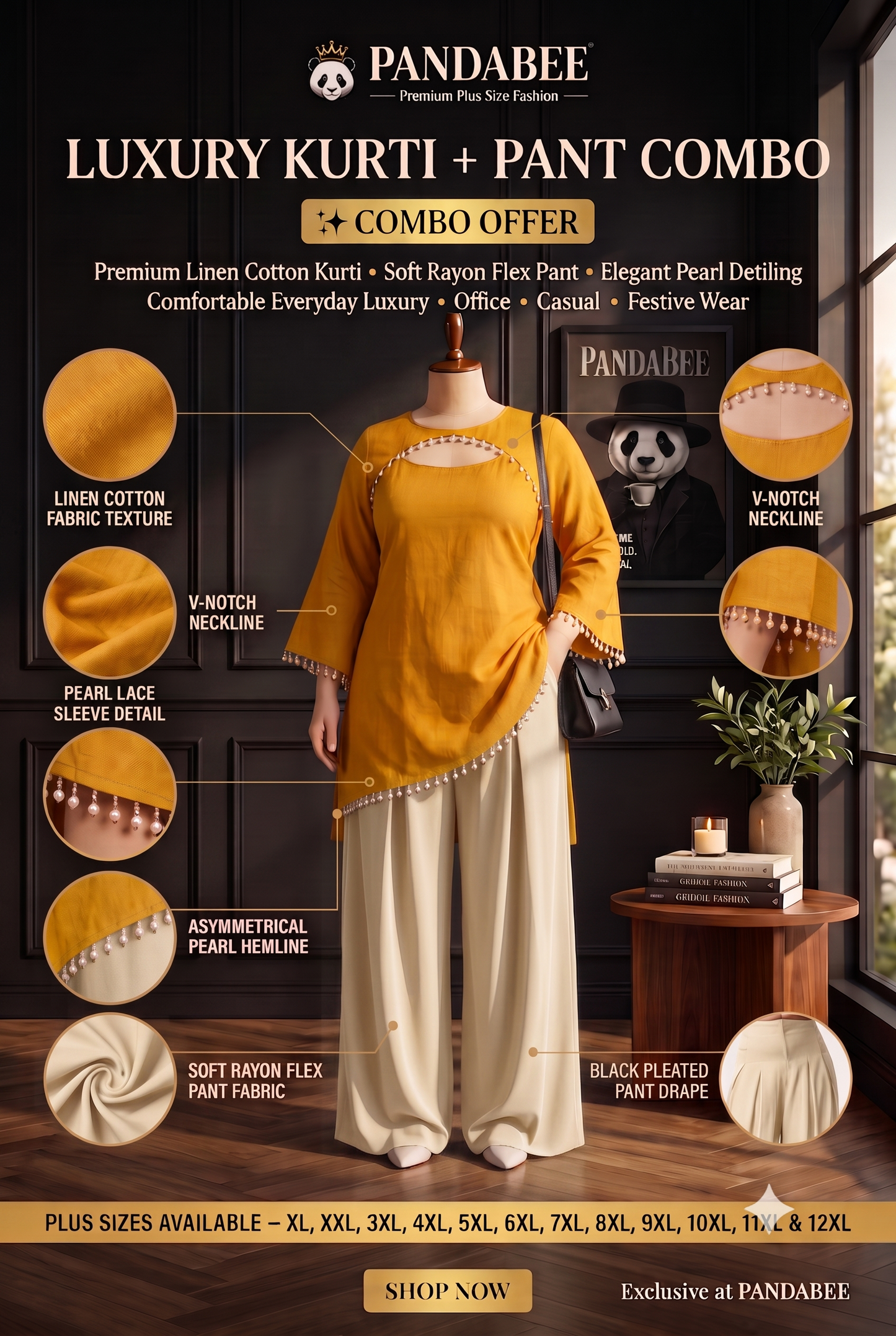 Save@300 comb Panda Bee Premium Plus Size Kurti & Wide-Leg Pants Co-Ord Set for Women | Pearl Work Ethnic Kurta with Cinched Drawstring Palazzo Pants | Plus Size 2XL-12XL | Premium Office, Casual (Yellow -- amber aura kurti + Cream colour pant)