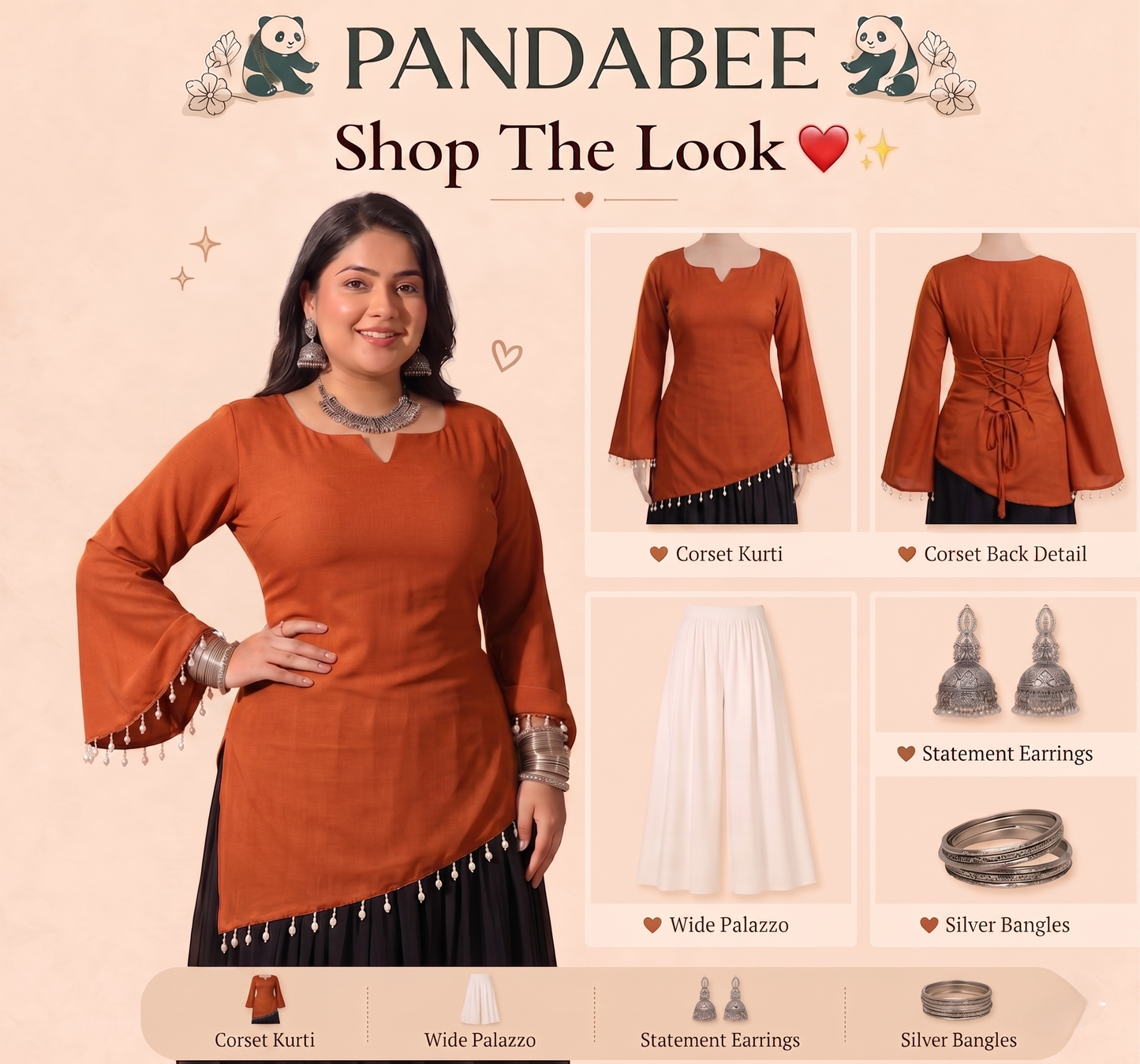Premium Plus Size Pink Designer Kurti for Women | Pearl Tassel Bell Sleeve Kurti | Back Lace Detail Tunic Top | Stylish Party Wear Kurti for Curvy Women | 2XL-8XL | PandaBee (Rust orange -- kesariya)