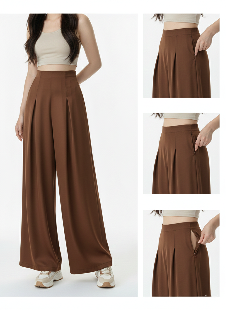 Panda Bee Premium Plus Size High-Waist Pleated Wide-Leg Office Pants with Side Zip (Coffee Brown)