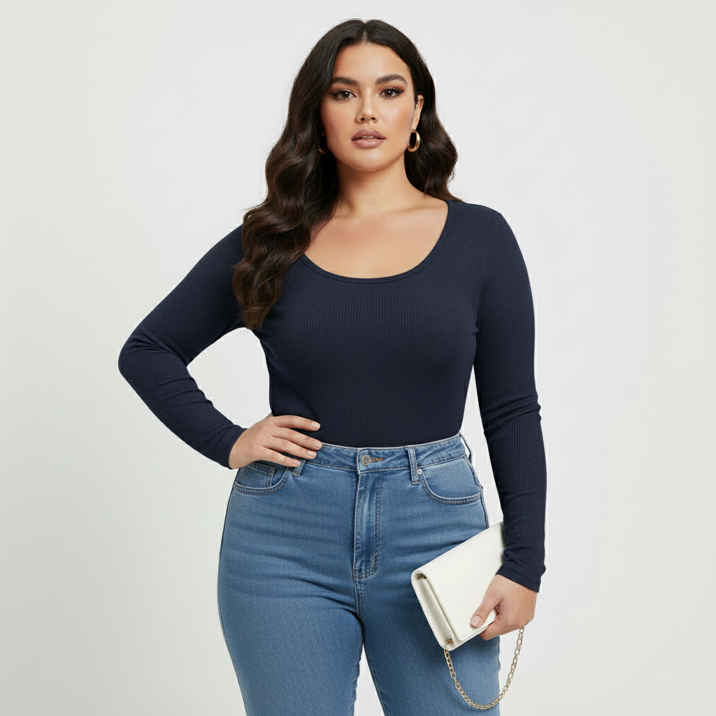 Curve Luxe plus size  Ribbed Scoop-Neck Long Sleeve Top – Navy Blue