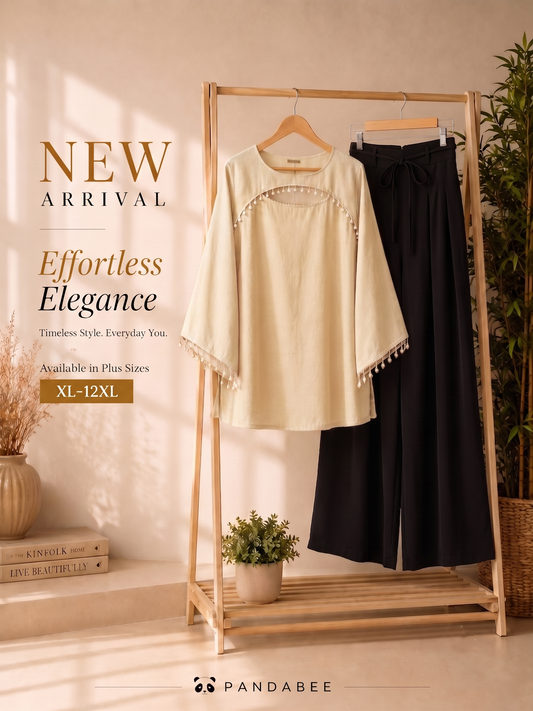 Save@300 comb Panda Bee Premium Plus Size Kurti & Wide-Leg Pants Co-Ord Set for Women | Pearl Work Ethnic Kurta with Cinched Drawstring Palazzo Pants | Plus Size 2XL-12XL ( Off white -- Ivory charm  + Black colour pant)