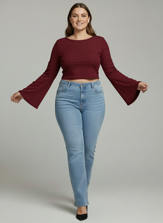Premium Plus-Size Flared Sleeve Crop Top, Elegant Stretch Comfort Wear – Burgundy