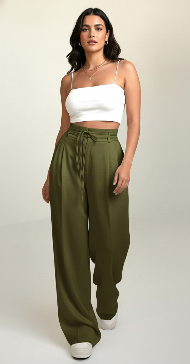 Premium Plus Size High-Waist Wide-Leg Trousers for Women (Olive Green) | Lace-Up Waist Relaxed Fit Pants | Curvy & Tummy Control Style