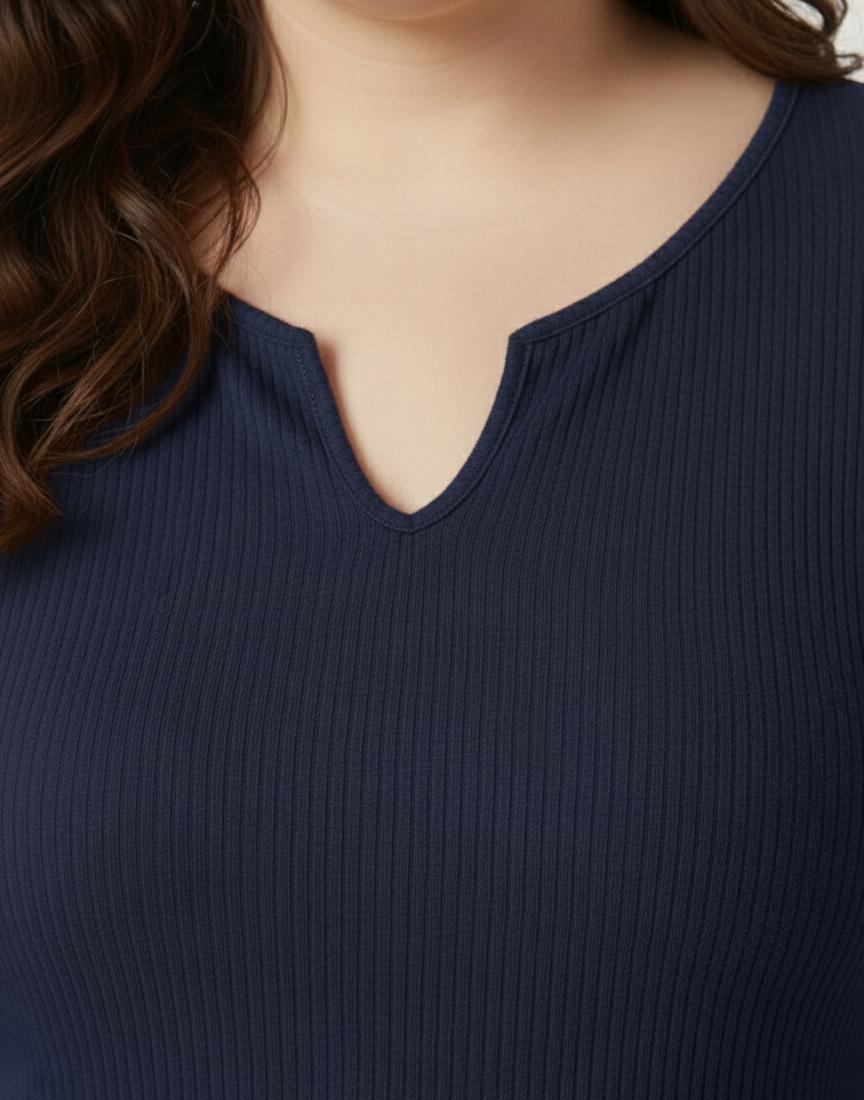 Panda Bee premium  Neck V-cut Ribbed Long Sleeve Top (Navy blue)
