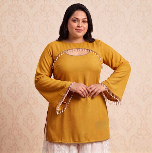 Panda Bee Premium Plus Size 2-in-1 Fashion Kurti for Women | Elegant Pearl Work Kurta Top | Stylish Ethnic Wear 2XL to 8XL (Yellow -- amber aura)