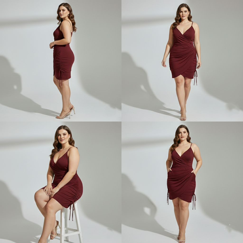 Plus Size Ruched Wrap Bodycon Dress – Premium Stretch Fit Party Wear (Burgundy )