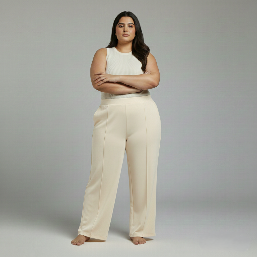 Panda Bee Premium Plus Size office High-Waist Wide-Leg Pants side Zip (Cream)
