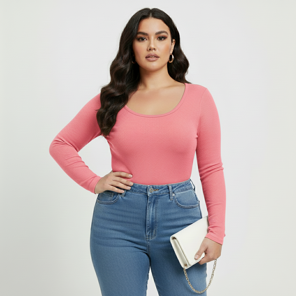 Curve Luxe plus size  Ribbed Scoop-Neck Long Sleeve Top – Pink