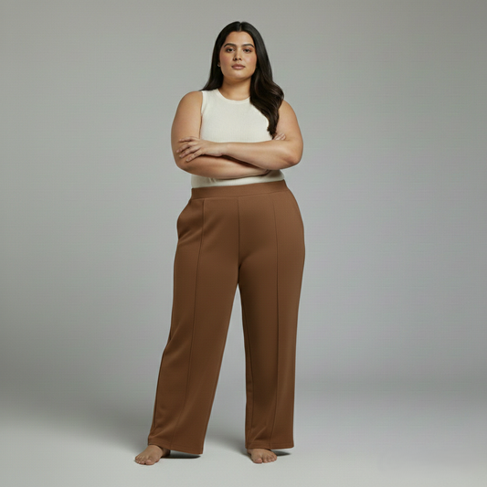 Panda Bee Premium Plus Size High-Waist office Wide-Leg Pants side Zip (Coffee brown)