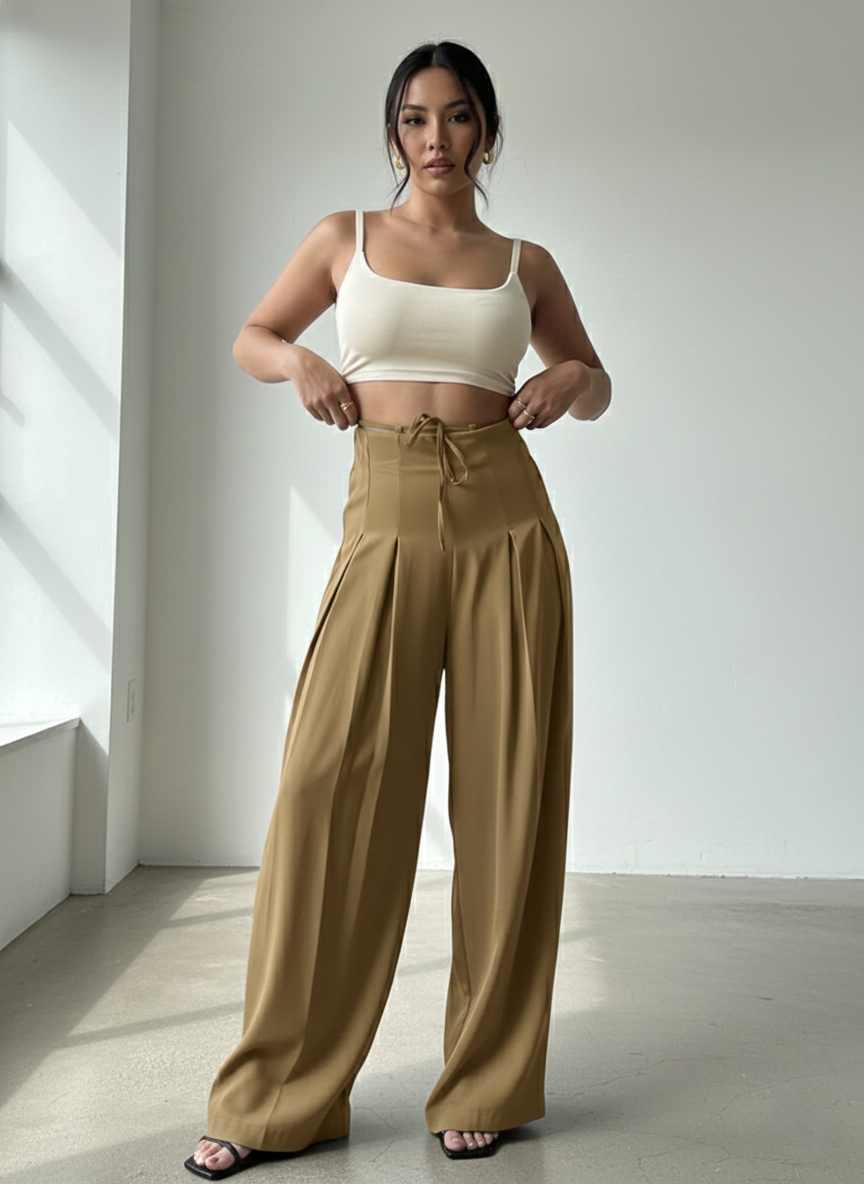 Panda Bee Premium Plus Size Cinched Drawstring Wide-Leg Pants (Mouse colour)