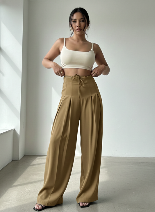 Panda Bee Premium Plus Size Cinched Drawstring Wide-Leg Pants (Mouse colour)