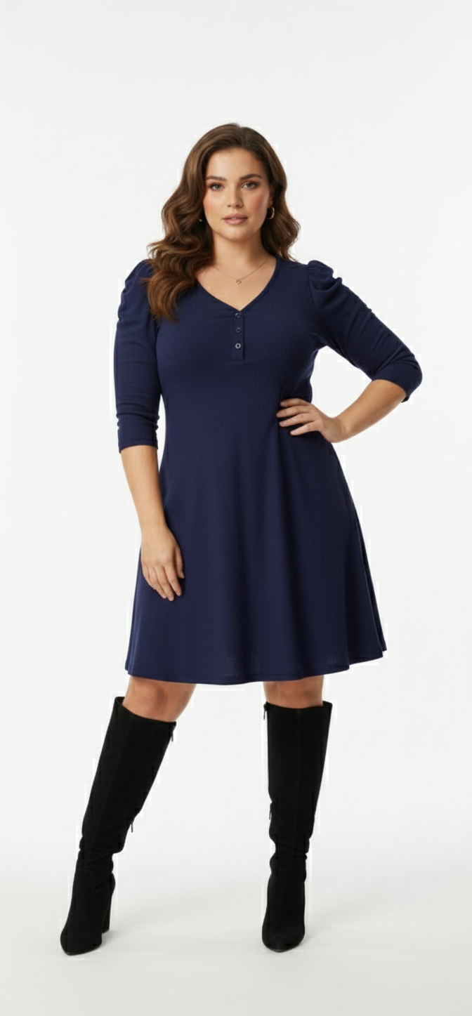 Plus Size Ribbed Full-Sleeve Dress (Navy blue) – Panda bee Premium Collection