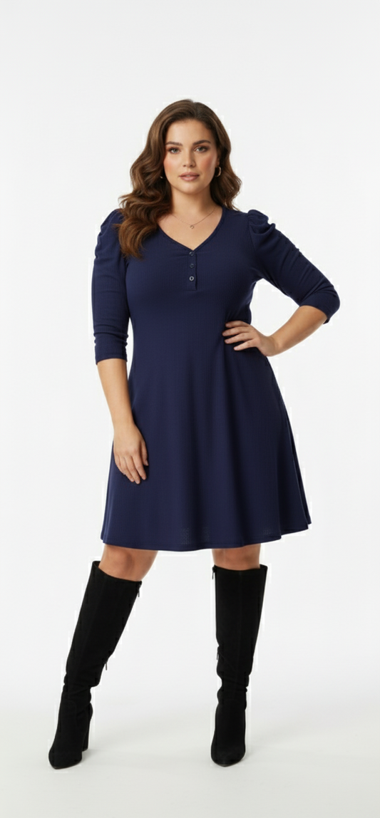 Plus Size Ribbed Full-Sleeve Dress (Navy blue) – Panda bee Premium Collection