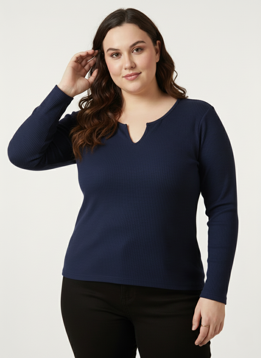 Panda Bee premium  Neck V-cut Ribbed Long Sleeve Top (Navy blue)