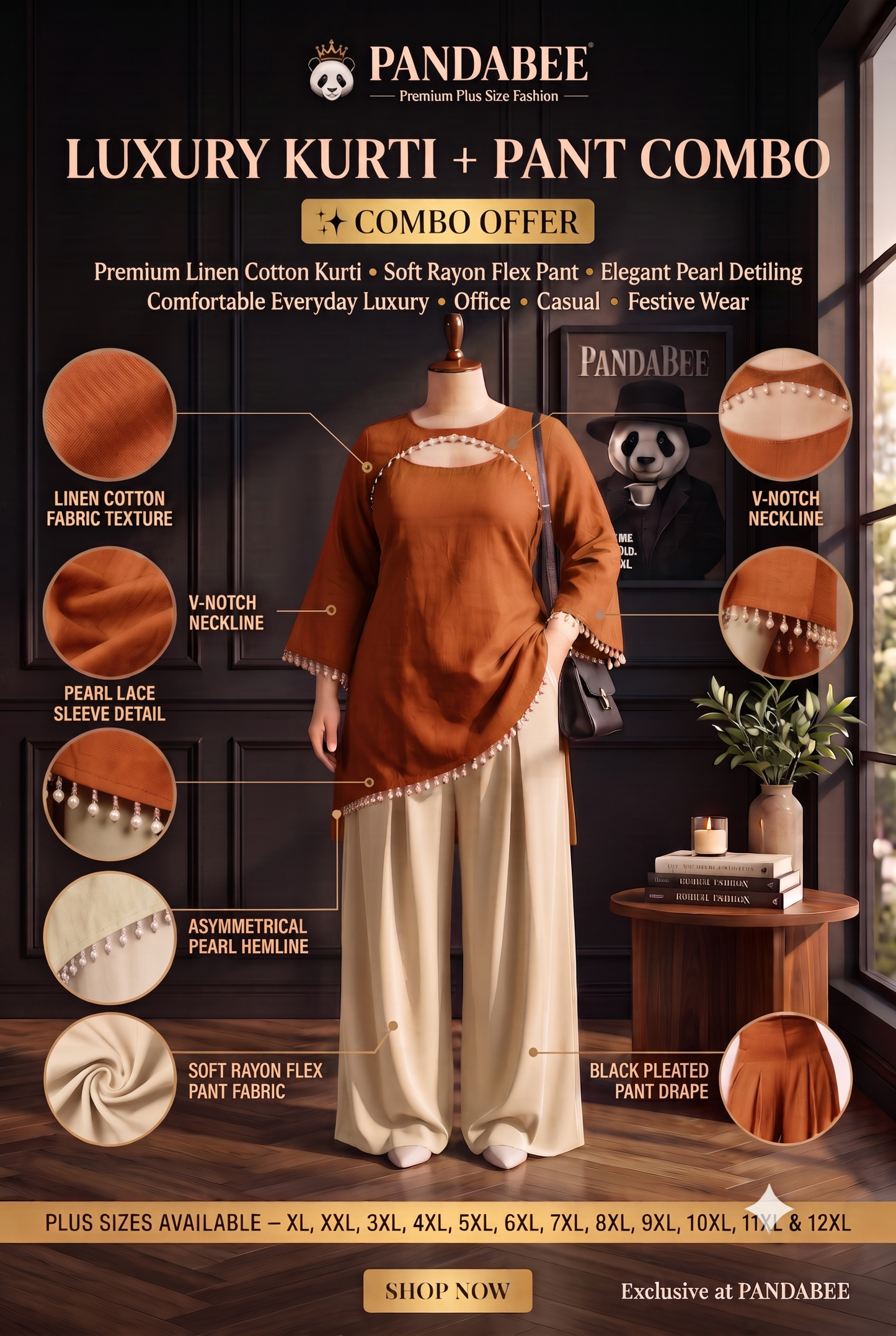 Save@300 comb Panda Bee Premium Plus Size Kurti & Wide-Leg Pants Co-Ord Set for Women | Pearl Work Ethnic Kurta with Cinched Drawstring Palazzo Pants | Plus Size 2XL-12XL | Premium Office, Casual (Rust orange -- kesariya kurti + Cream colour pant)